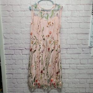 Plusee Mesh Floral Embroidered Midi Dress XL Dainty Boho Cottage Fairycore Gala